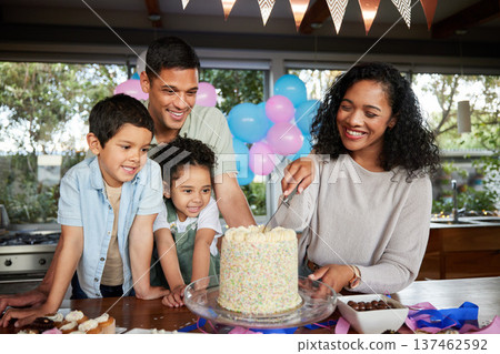 Birthday cake, excited and family at party to celebrate and cut slice together for dessert. Fun, surprise or event with happy mother, father and young children at a table for celebration or holiday Birthday cake, excited and family at party to celebrate and cut slice together for dessert. Fun, surprise or event with happy mother, father and young children at a table for celebration or holiday 137462592