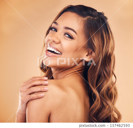 Happy, portrait and woman with hair care and beauty, cosmetics or balayage hairstyle in studio background. Skincare, makeup and laughing with a smile from collagen treatment or dermatology happiness Happy, portrait and woman with hair care and beauty, cosmetics or balayage hairstyle in studio background. Skincare, makeup and laughing with a smile from collagen treatment or dermatology happiness 137462593