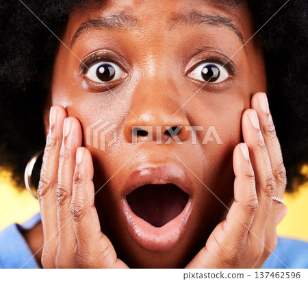 Scared, shock and surprised woman in studio for fear, mental health or closeup. Portrait of African person on yellow background with mouth open, hands on face with a phobia, gossip news or horror 137462596