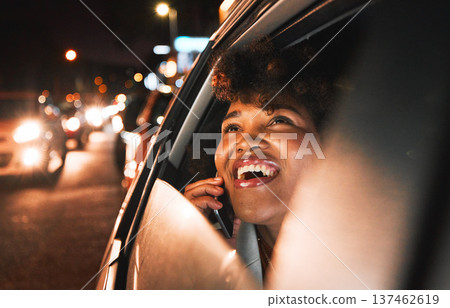 Travel, car and night, black woman and phone call, city view and communication with drive and smile on face. Transportation, adventure and happiness, technology with conversation on mobile and urban Travel, car and night, black woman and phone call, city view and communication with drive and smile on face. Transportation, adventure and happiness, technology with conversation on mobile and urban 137462619