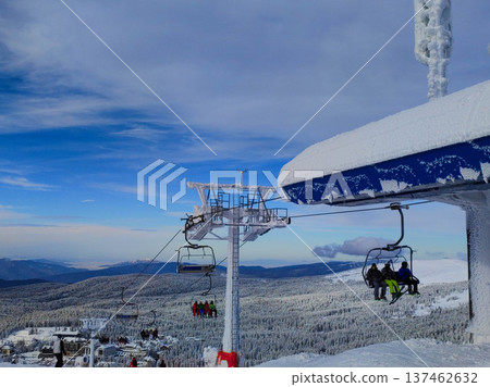 Chairlift with skiers, Kopaonik ski resort 137462632