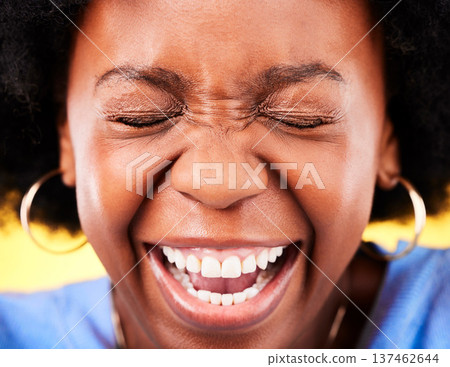 Zoom of excited, happy and face of black woman on yellow background for good news, wow and surprise. Emoji, winner and person in studio with big smile for announcement, winning and omg expression 137462644