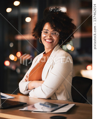 Night, portrait and a black woman with arms crossed at work for business pride or a deadline. Desk, happy and an African employee with confidence during overtime and late shift in the office Night, portrait and a black woman with arms crossed at work for business pride or a deadline. Desk, happy and an African employee with confidence during overtime and late shift in the office 137462654
