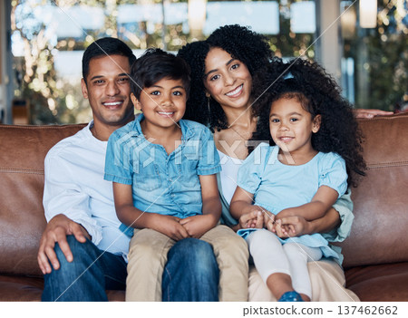 Family, parents and children, happiness and portrait, bonding at home, love and trust with care. Smile, mother and father with kids, relax on couch and positivity with childhood and parenting Family, parents and children, happiness and portrait, bonding at home, love and trust with care. Smile, mother and father with kids, relax on couch and positivity with childhood and parenting 137462662