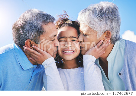 Smile, sky or grandparents kiss child bonding in Brazil to relax with love, trust or care in retirement. Face, proud elderly grandmother or senior grandfather with a happy kid on holiday in summer Smile, sky or grandparents kiss child bonding in Brazil to relax with love, trust or care in retirement. Face, proud elderly grandmother or senior grandfather with a happy kid on holiday in summer 137462677
