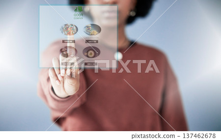 Woman, hand and HUD in online shopping on food menu, UI or UX of digital hologram or dashboard. Closeup of female person in ecommerce, choice or selection on futuristic display, website or app icon Woman, hand and HUD in online shopping on food menu, UI or UX of digital hologram or dashboard. Closeup of female person in ecommerce, choice or selection on futuristic display, website or app icon 137462678