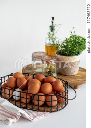 Clean White Kitchen Scene with Fresh Eggs Clean White Kitchen Scene with Fresh Eggs 137462750