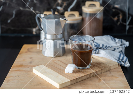 Elegant Coffee Break on Wooden Tray 137462842