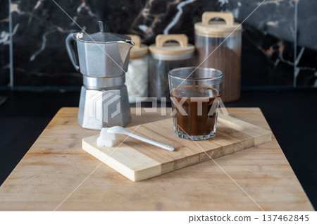 Wooden Tray with Steaming Coffee 137462845