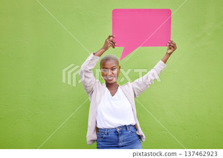 Black woman, speech bubble and portrait for poster, space or mockup with opinion by green wall background. African girl, billboard and paper with voice, vote and social network for feedback review Black woman, speech bubble and portrait for poster, space or mockup with opinion by green wall background. African girl, billboard and paper with voice, vote and social network for feedback review 137462923