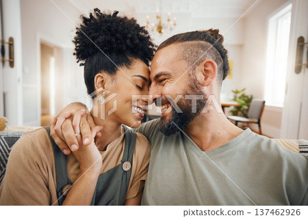 Home, forehead or couple with love, smile or romantic with happiness, relationship or relax in a lounge. Commitment, man or woman on a sofa, marriage or romance with bonding, trust or loving together 137462926