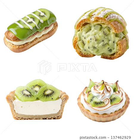 Assortment of kiwi desserts including tarts, pastry, eclair, isolated. Perfect for fruit-themed bakeries and fresh ingredient concepts Assortment of kiwi desserts including tarts, pastry, eclair, isolated. Perfect for fruit-themed bakeries and fresh ingredient concepts 137462929