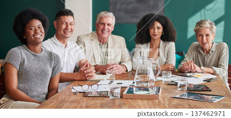 Business people, team portrait and meeting collaboration, creative planning in office and group diversity. Happy face of professional manager and employees for project mindset and marketing documents 137462971