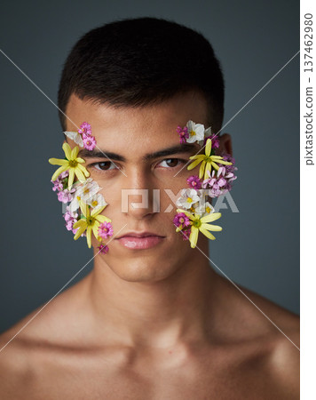 Face, man and flowers, beauty and natural, cosmetics and headshot with art deco isolated on studio background. Nature aesthetic, portrait and dermatology, eco friendly skincare and clean with spring Face, man and flowers, beauty and natural, cosmetics and headshot with art deco isolated on studio background. Nature aesthetic, portrait and dermatology, eco friendly skincare and clean with spring 137462980