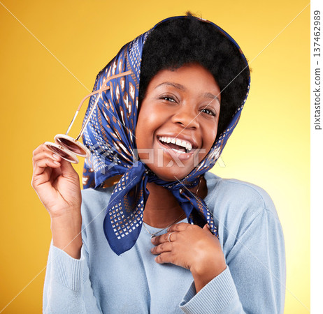 Fun, retro and woman portrait with sunglasses and smile closeup with vintage frames accessories in studio. African female model, confidence and happy with trendy summer fashion with yellow background 137462989