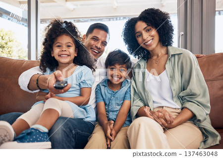 Remote, relax and happy family watching tv, movie or cartoon in living room on sofa for kids entertainment. Love, lounge and people in house change channel for choice, home film or television series Remote, relax and happy family watching tv, movie or cartoon in living room on sofa for kids entertainment. Love, lounge and people in house change channel for choice, home film or television series 137463048
