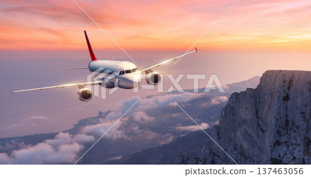 Commercial passenger airplane flying over sea coast and mountains Commercial passenger airplane flying over sea coast and mountains 137463056