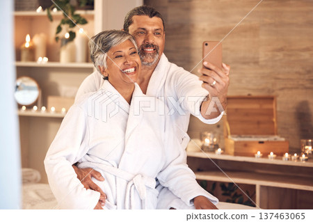 Selfie, smile and love with old couple in spa for anniversary, celebration and social media. Relax, massage and profile picture with senior man and woman in villa for luxury, vacation and peace Selfie, smile and love with old couple in spa for anniversary, celebration and social media. Relax, massage and profile picture with senior man and woman in villa for luxury, vacation and peace 137463065