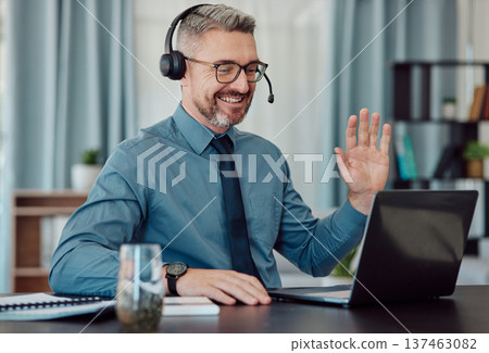 Senior, happy man and call center in virtual meeting, customer service or telemarketing at the office. Mature businessman, consultant or agent smile in online advice, help or contact us at workplace Senior, happy man and call center in virtual meeting, customer service or telemarketing at the office. Mature businessman, consultant or agent smile in online advice, help or contact us at workplace 137463082