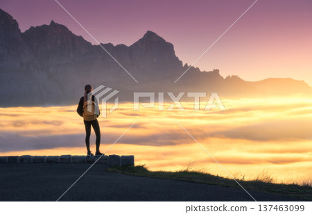 Woman standing above clouds at sunset in the Swiss Alps 137463099