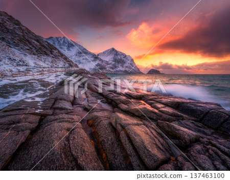 Dramatic winter seascape on the Lofoten Islands in Norway Dramatic winter seascape on the Lofoten Islands in Norway 137463100