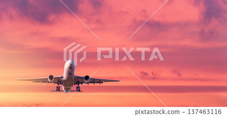 Commercial passenger airplane taking off. Aircraft at sunset 137463116