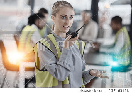 Walkie talkie, engineering overlay and woman in office for construction, infrastructure and maintenance. Architecture meeting, contractor and person on radio for instruction, communication or talking 137463118