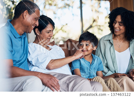 Big family, living room and bonding fun at home with parent love, support and care on a sofa. Parents, grandparents and kid together in a lounge relax with grandmother, child and mother with a smile Big family, living room and bonding fun at home with parent love, support and care on a sofa. Parents, grandparents and kid together in a lounge relax with grandmother, child and mother with a smile 137463122