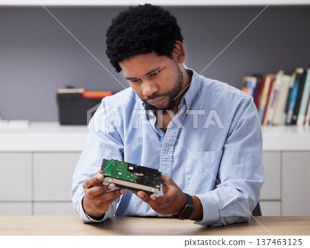 Black man, check circuit board and computer hardware with technician in office, maintenance and electronics upgrade. Inspection, motherboard and CPU, engineering and electric repair with technology Black man, check circuit board and computer hardware with technician in office, maintenance and electronics upgrade. Inspection, motherboard and CPU, engineering and electric repair with technology 137463125