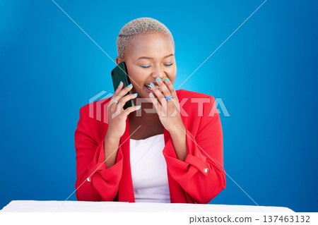Laughing, phone call and a woman in studio for communication, contact or conversation. Happy African person on a blue background with a smartphone for funny gossip chat, talking or networking Laughing, phone call and a woman in studio for communication, contact or conversation. Happy African person on a blue background with a smartphone for funny gossip chat, talking or networking 137463132
