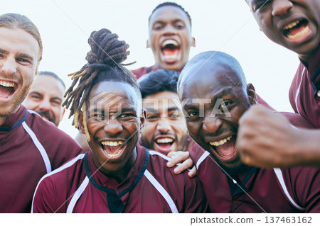 Rugby, sports team portrait and excited scream for teamwork, athlete community support or winning game. Crazy group energy, winner motivation and face of happy people shout for champion success win Rugby, sports team portrait and excited scream for teamwork, athlete community support or winning game. Crazy group energy, winner motivation and face of happy people shout for champion success win 137463162