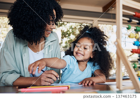 Happy, learning and a mother with a child for homework, education support and together for teaching. Smile, family and a young mom with a girl kid for writing, project or studying in a house 137463175