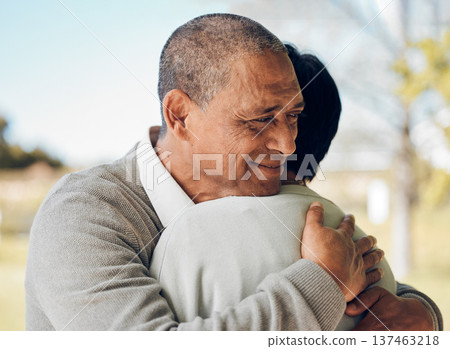 Mature couple hug in park, love and support, trust with bonding and marriage while outdoor. Life partner, retirement together and romance, people in garden with healthy relationship and care Mature couple hug in park, love and support, trust with bonding and marriage while outdoor. Life partner, retirement together and romance, people in garden with healthy relationship and care 137463218