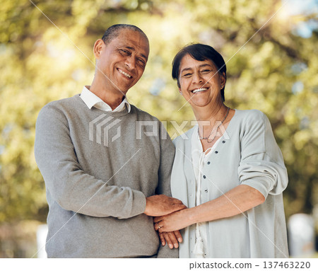 Portrait, outdoor and senior couple holding hands, love and smile with support, relationship and romance. Marriage, old man and mature woman in a park, loving together and retirement with bonding Portrait, outdoor and senior couple holding hands, love and smile with support, relationship and romance. Marriage, old man and mature woman in a park, loving together and retirement with bonding 137463220