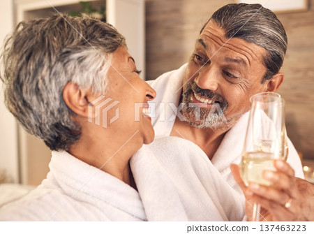 Love, champagne and relax with old couple in spa for anniversary, celebration and happy. Wellness, massage and marriage with senior man and woman in villa for luxury, vacation and peace together Love, champagne and relax with old couple in spa for anniversary, celebration and happy. Wellness, massage and marriage with senior man and woman in villa for luxury, vacation and peace together 137463223