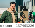 A man fills his car with gas during the fuel crisis 137463226