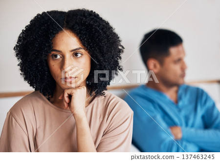 Frustrated couple, fight and conflict in divorce, argument or disagreement on bed from dispute at home. Upset woman and man in breakup, cheating affair or toxic relationship in bedroom at the house 137463245