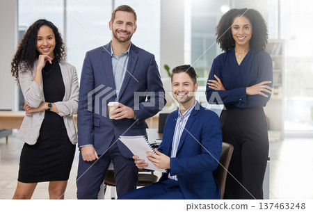 Smile, team and portrait of business people in office with confidence, professional and collaboration. Crossed arms, diversity and group of corporate lawyers work on legal case together in workplace. 137463248