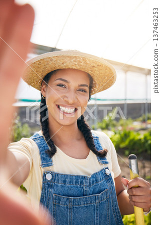 Selfie, smile and a farmer woman in a greenhouse for agriculture or sustainability in the harvest season. Portrait, farming and a happy young female person in a farm garden for eco friendly growth Selfie, smile and a farmer woman in a greenhouse for agriculture or sustainability in the harvest season. Portrait, farming and a happy young female person in a farm garden for eco friendly growth 137463253