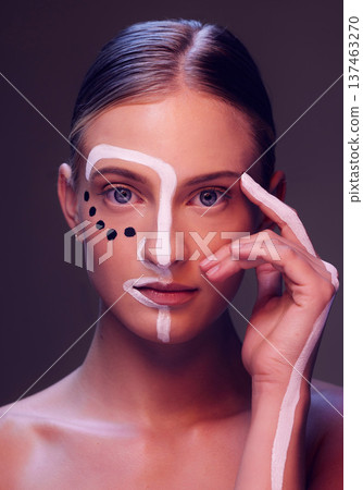 Neon light, makeup and portrait of woman in studio with creative, beauty and abstract aesthetic. Cosmetic, art and headshot of young female model from Canada with facial paint by black background. Neon light, makeup and portrait of woman in studio with creative, beauty and abstract aesthetic. Cosmetic, art and headshot of young female model from Canada with facial paint by black background. 137463270