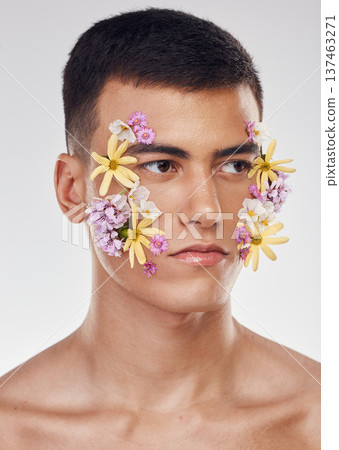 Thinking, beauty and a man with flowers on a studio background for ecology or nature aesthetic. Creative, serious and a male model with plants for facial cosmetics, skincare or an idea on a backdrop Thinking, beauty and a man with flowers on a studio background for ecology or nature aesthetic. Creative, serious and a male model with plants for facial cosmetics, skincare or an idea on a backdrop 137463271