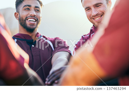 Hands together, sports and happy people huddle, group team building and solidarity for competition, match or game. Mission goal, teamwork celebration and excited player happy for tournament challenge Hands together, sports and happy people huddle, group team building and solidarity for competition, match or game. Mission goal, teamwork celebration and excited player happy for tournament challenge 137463294