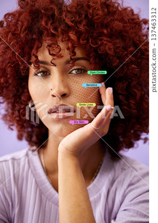 Beauty, cosmetic and portrait of woman with digital overlay for natural makeup routine. Self care, 3d scan and face of young model with facial cosmetology treatment analysis by studio background. 137463312