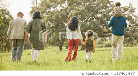 Love, holding hands and relax with big family in park for bonding, support and summer. Vacation, happy and holiday with people walking in grass field in nature for peace, generations or care together Love, holding hands and relax with big family in park for bonding, support and summer. Vacation, happy and holiday with people walking in grass field in nature for peace, generations or care together 137463437