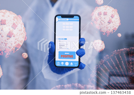 Hand, phone screen and qr code for positive covid test, gloves for safety, health or dna hologram. Scientist, virus particle and smartphone for 3D holographic overlay for results, app or ppe for scan Hand, phone screen and qr code for positive covid test, gloves for safety, health or dna hologram. Scientist, virus particle and smartphone for 3D holographic overlay for results, app or ppe for scan 137463438