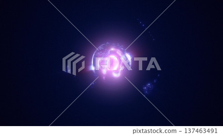 Abstract purple energy sphere with flying glowing bright particles, science futuristic atom with electrons hi-tech background 137463491
