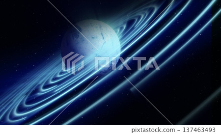 Abstract blue space planet with a round asteroid belt ring futuristic hi-tech on the background of stars in open space 137463493
