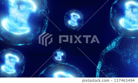 A vibrant depiction of floating blue spheres in a cosmic environment, resembling microscopic particles or cells in a glowing, ethereal space, video in high quality 4k, motion design 137463494