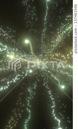 A tunnel of floating glowing orbs and light trails creating a deep starfield effect with golden and teal particles A tunnel of floating glowing orbs and light trails creating a deep starfield effect with golden and teal particles 137463506