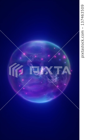Glowing purple energy sphere with floating particles and swirling light patterns on a deep blue background Glowing purple energy sphere with floating particles and swirling light patterns on a deep blue background 137463509